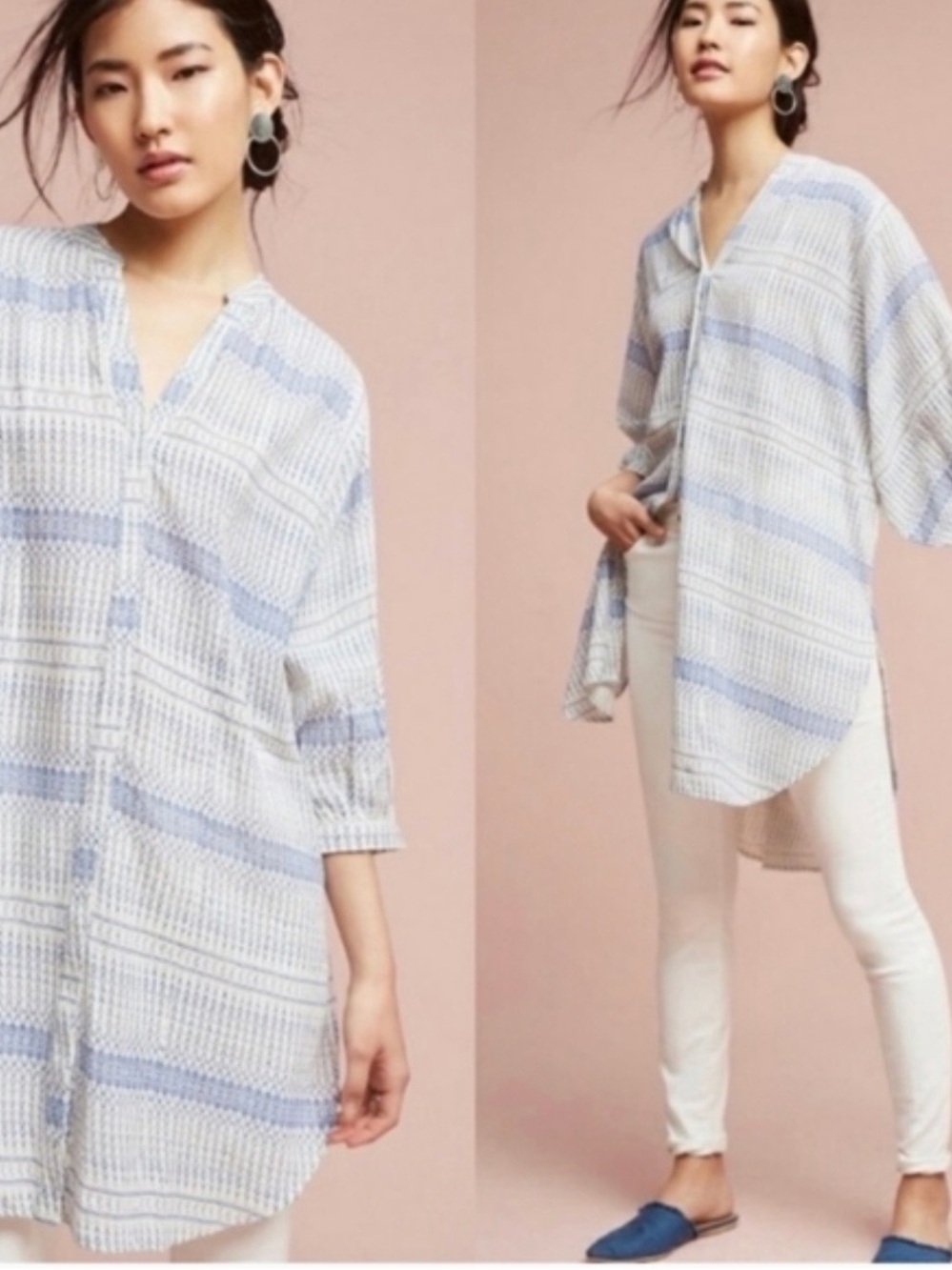 Anthopologie Maeve Lena Yarn Dyed Blue and White Patterned Tunic Dress